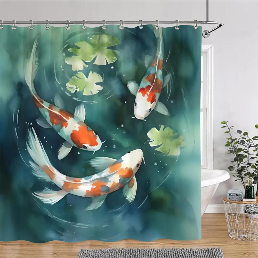 Japanese Style Shower Curtain Koi Fish Cherry Blossom Sun Sea Wave Octopus Landscape Polyester Fabric Curtains Bathroom Decor