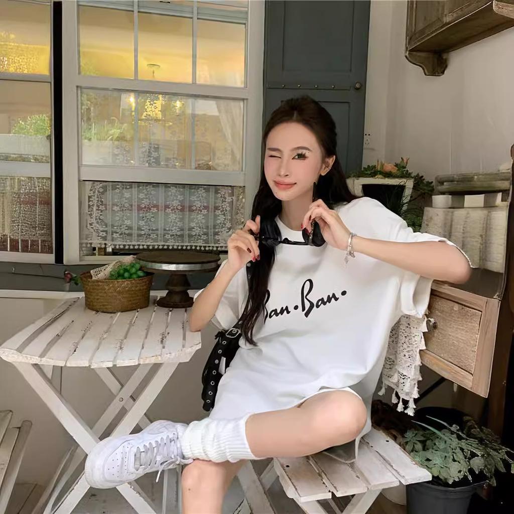 Pure cotton design lazy wind medium and long short-sleeved T-shirt women's summer 2025 new casual loose and thin top