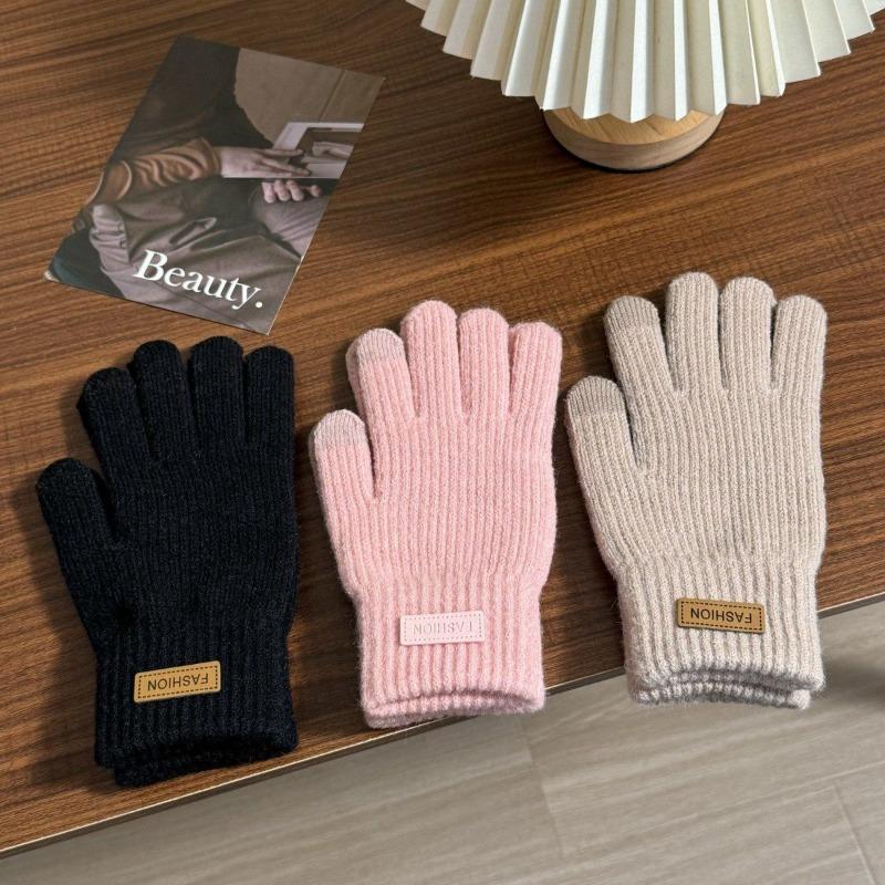 Women's winter touch screen gloves, piled and thickened warm cycling cold-proof wool knitted outdoor men's five-finger gloves