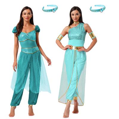 Women‘s Belly Dance Performance Romper S-XXL: Complete Arabian Princess Cosplay with Headwear, Detachable Sleeves & Gems
