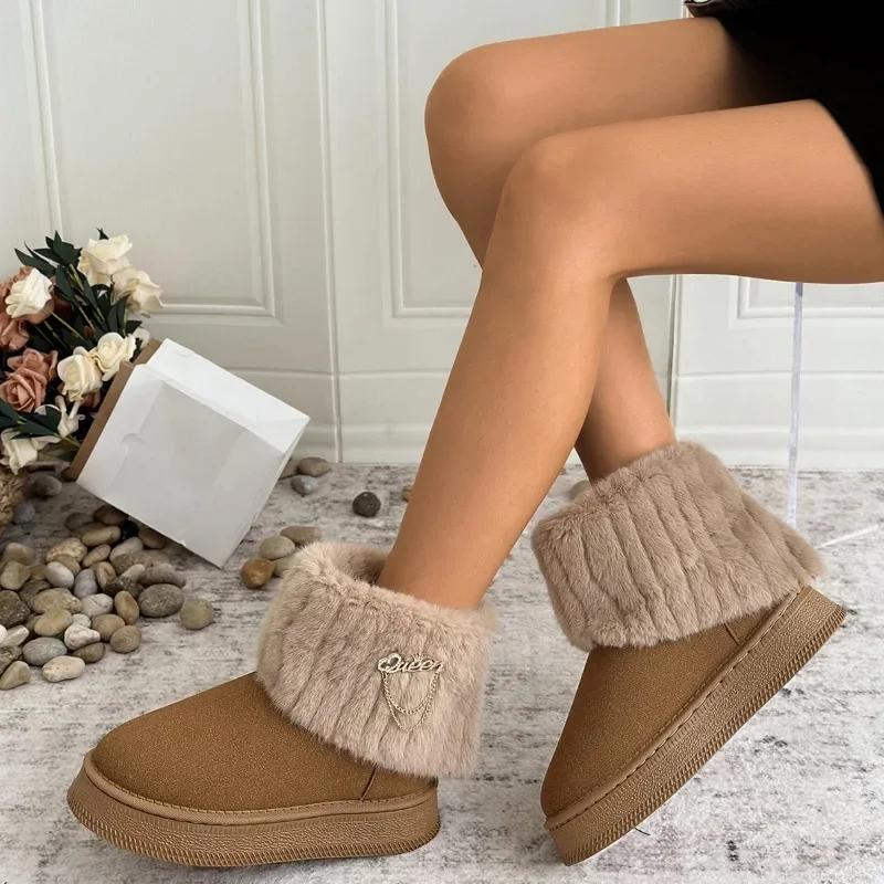 2024 Marke Damen Schuhe Slipper Damen Stiefel Mode Metalldekoration Alltagsstiefel Damen Winter Die Kette Übergröße Schneestiefel