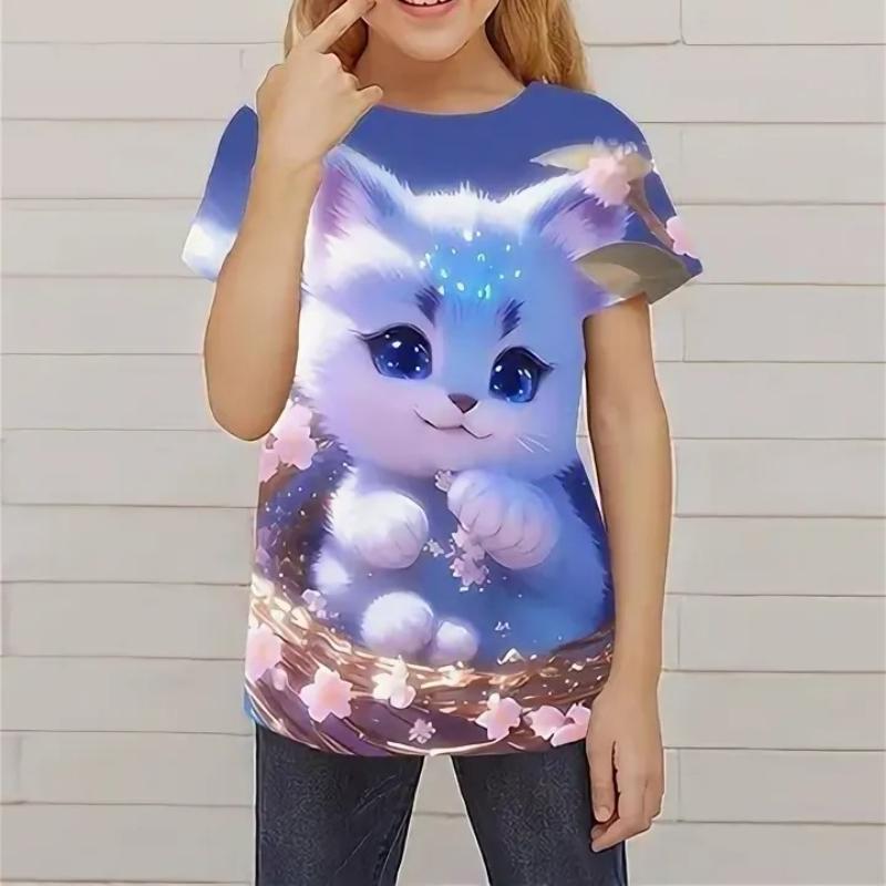 Dziecięce kreskówkowe koszulki z nadrukiem słodkiego kociaka, modne, miękkie i wygodne