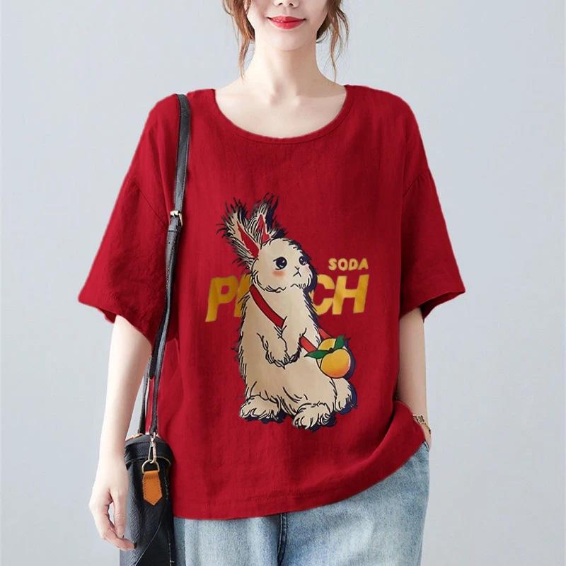 Tops for Women Cotton Summer Large Size T-shirt Round Neck Loose Rabbit Printed Casual Pullover T-shirt Top