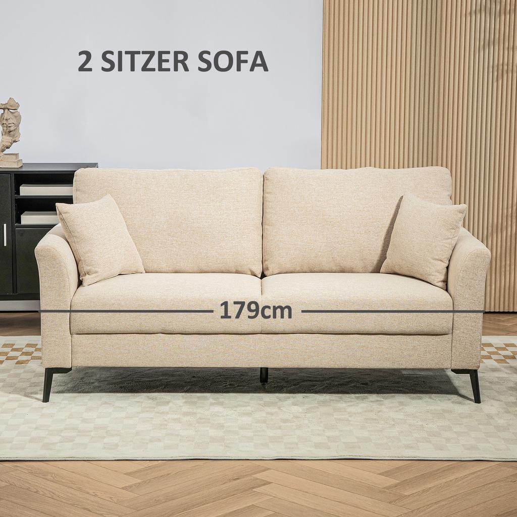 2-Seater Sofa with Linen Look, Thick Padding, Up To 360 Kg, 179 X 80 X 89 Cm, Beige