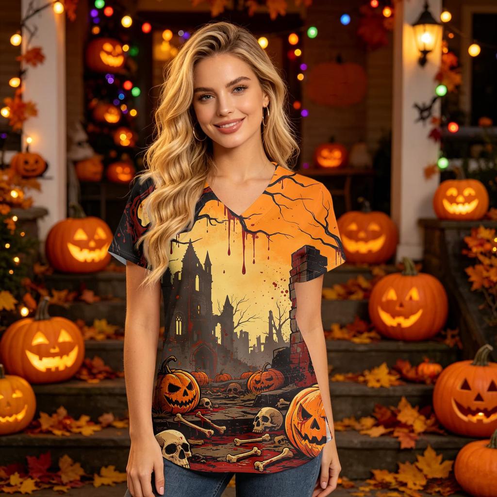 Women V Neck Short Sleeve Scrub Top with Halloween Print and Pockets for Work Uniform Comfortable Fit