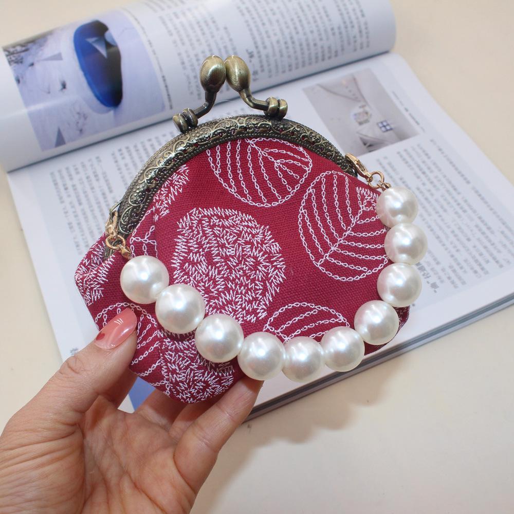 10.5cm Canvas Leaf Print Clasp Coin Purse - Handmade Retro Ladies' Clutch with Snap Closure