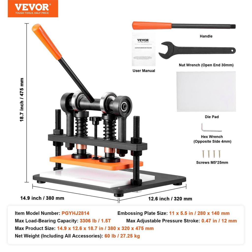 Leather Cutting Machine, 11 x 5.5 in Embossing Plate Manual Die Cutter, 0.47 in Pressure Stroke Leather Embossing Machine, Dual Guide Shafts Die Cut
