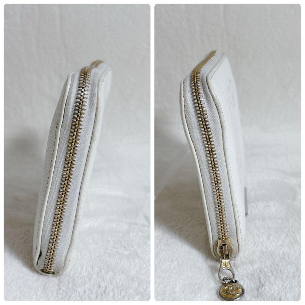 Used CHANEL Caviar Skin Coco Mark Round Zipper Coin Purse White