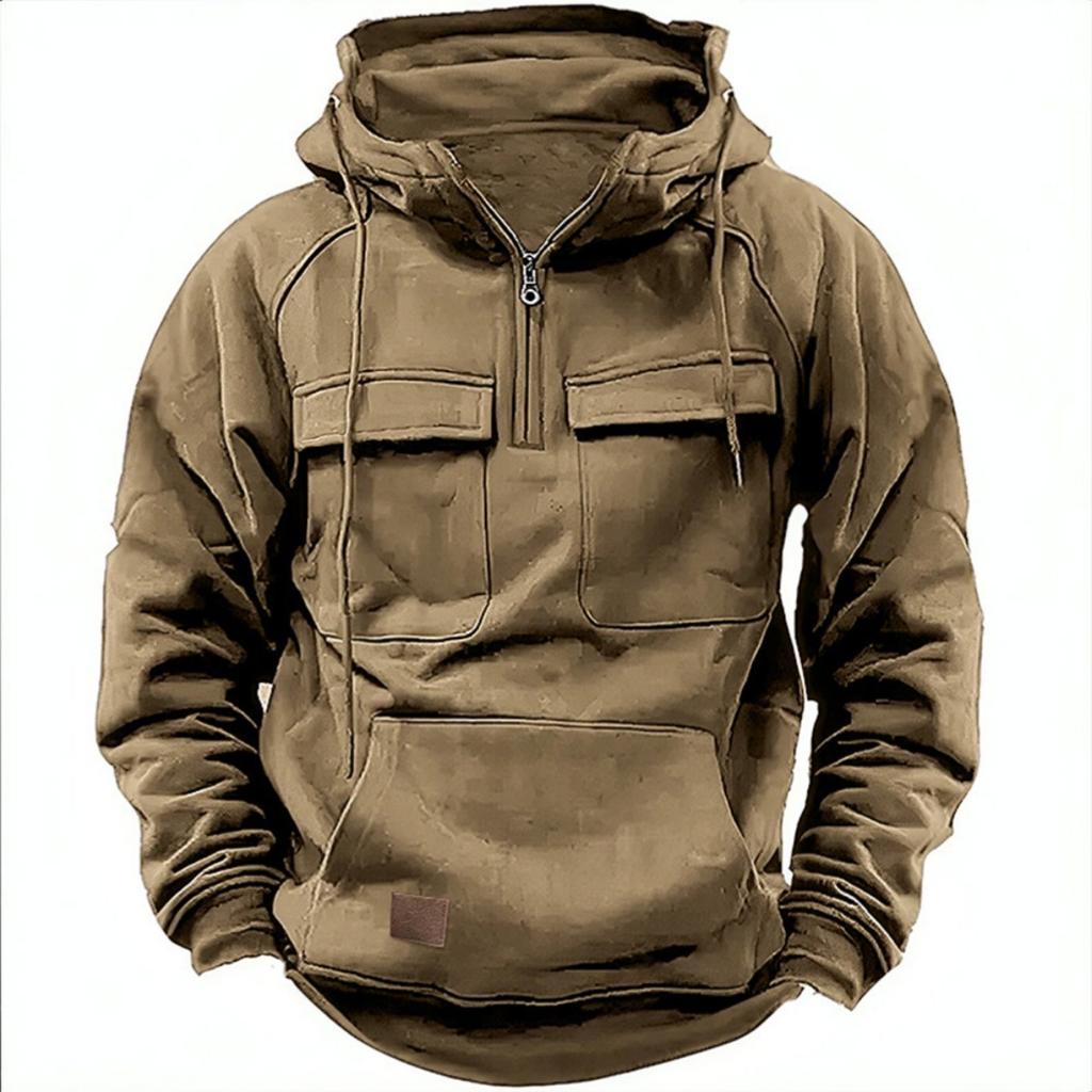 Spring and Autumn Men's Hoodie Zipper Multi Pocket Hoodie Sports and Leisure with Velvet