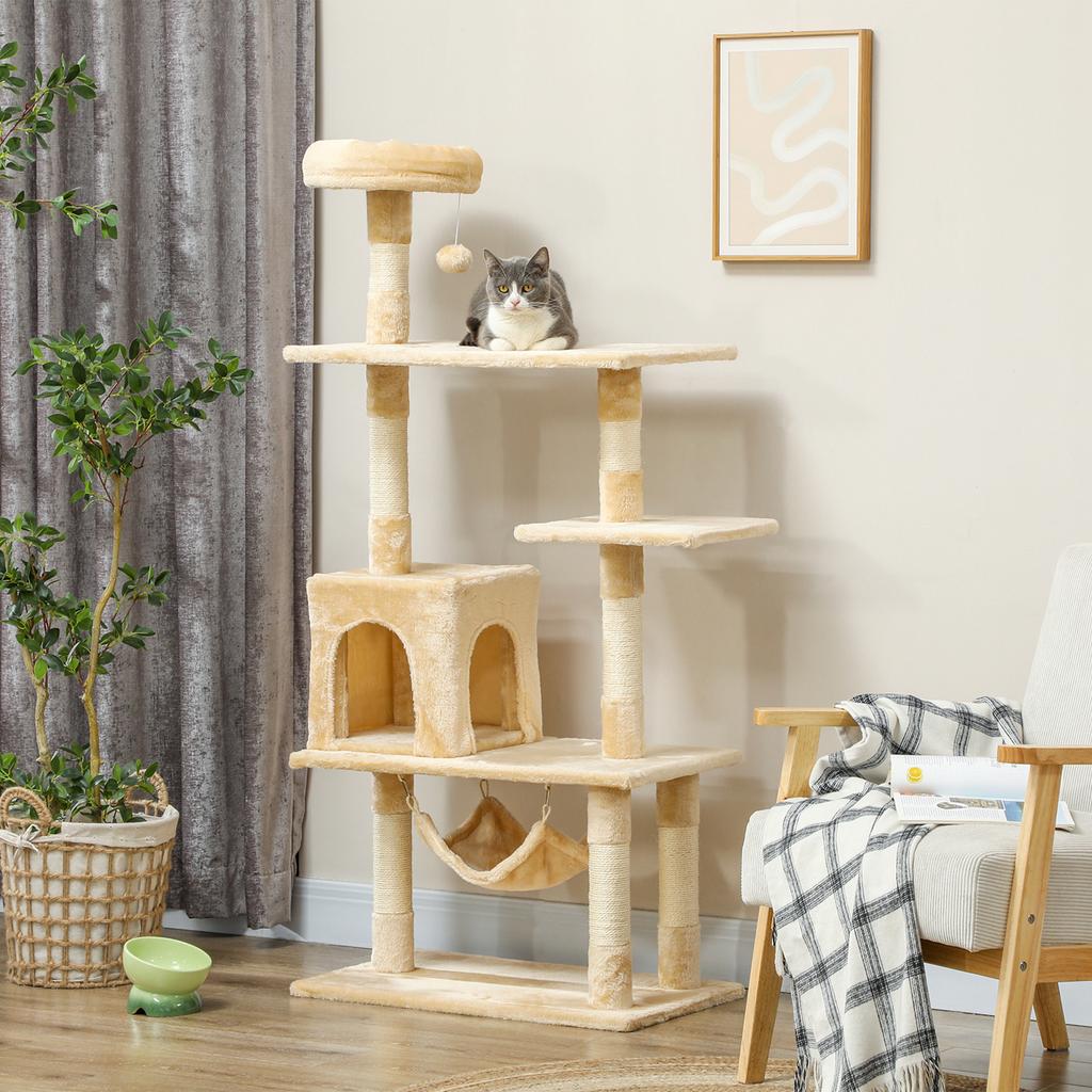 Large Cat Scratching Tree 70x40x152 Cm Cat Tower With Multiple Platforms Cave Hammock Posts Beige