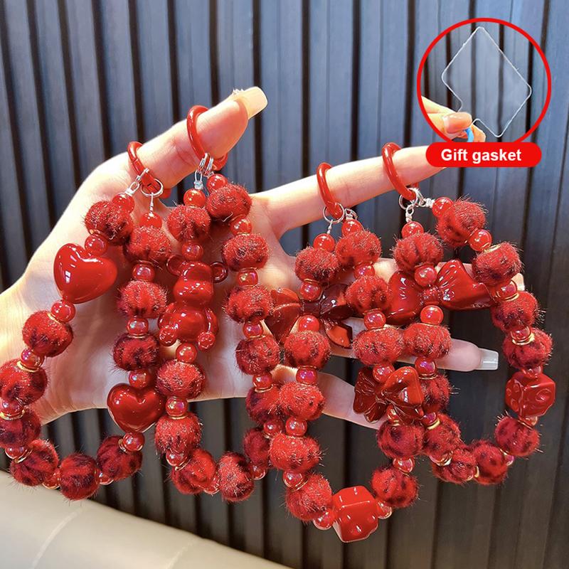 Vintage Red Fur Ball Phone Lanyard Sweet Beaded Mobile Phone Chain Keychain  Year Christmas Cellphone Strap Camera Pendant