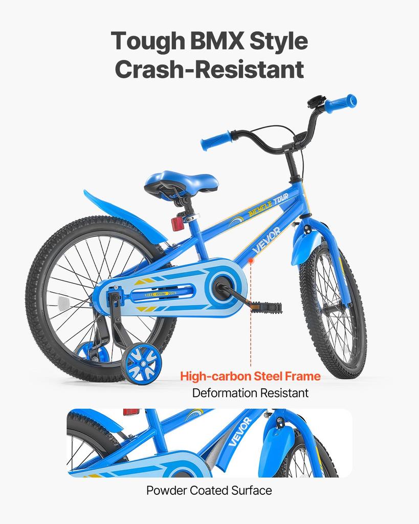 VEVOR Kids Bike, 45.72 Cm BMX Style Children Bicycle, Rider Height 110 Cm - 140 Cm, Training Wheels Included, Sturdy and Easy To Assemble