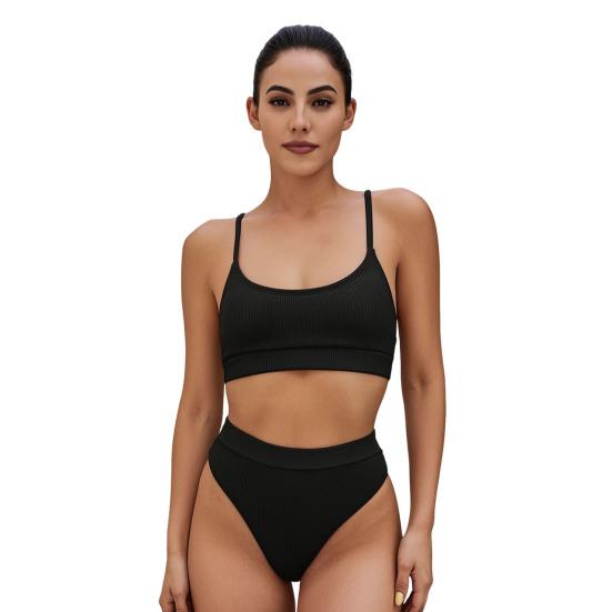 2 Stück/Set Sommer Geripptes Bikini-Set High-Waist Bauchkontrollierende Unterteile U-förmiger Rücken Neckholder BH-Set Schnelltrocknende Elastische Bademode