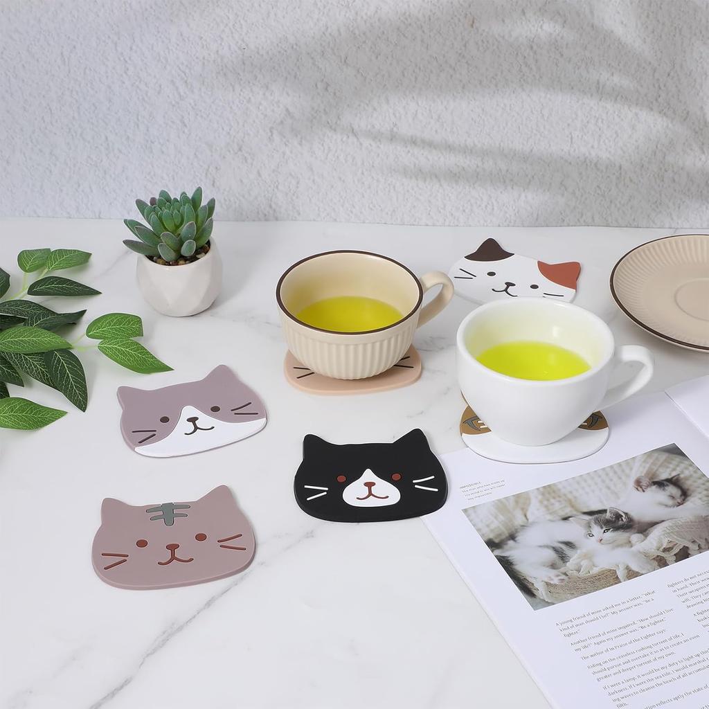 6 Pcs Cat Coasters, Silicone Cute Coasters Easy to Clean, Fun Coaster Non Slip Hot Pads for Drinks Home Gift, Coffee Table Dinning Room Decorations
