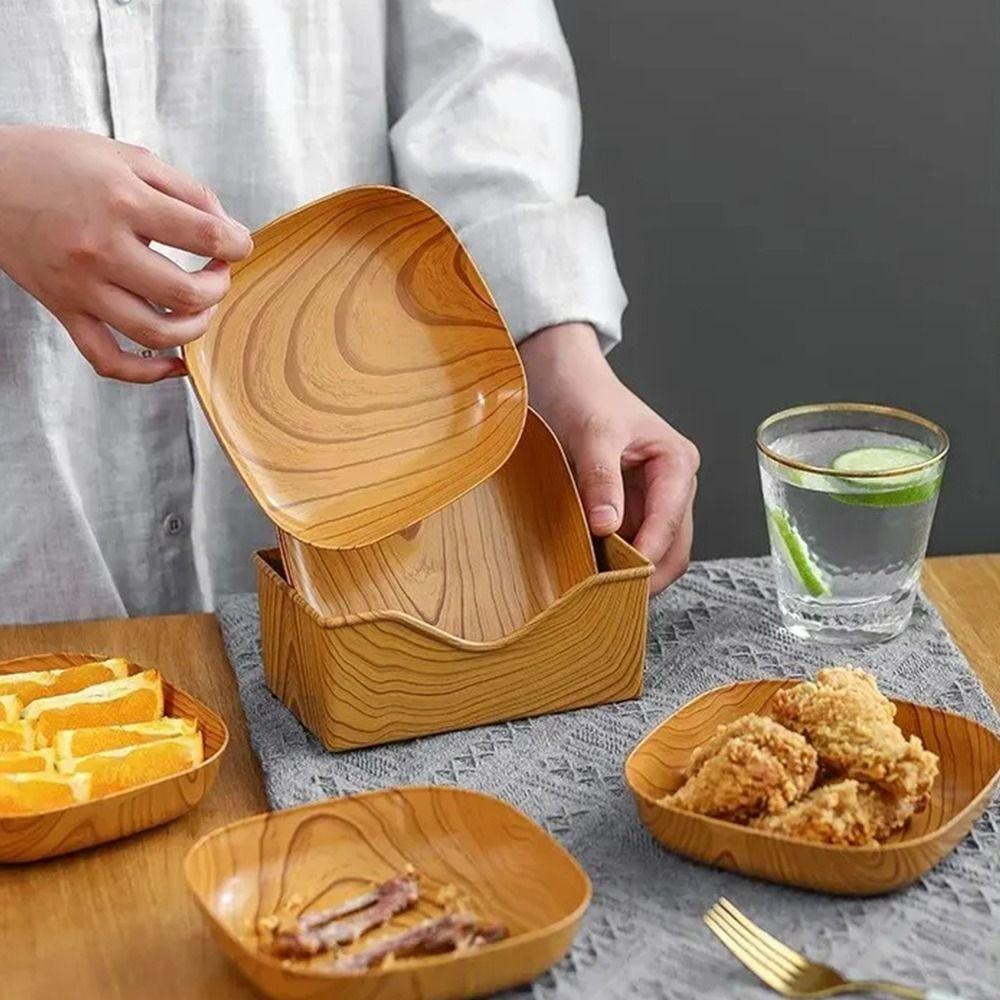 7Pcs/Set New Imitation Wood Grain Snack Plates Plastic 14cm Simple Tea Art Dish with Storage Box Small Bone Spitting Dish
