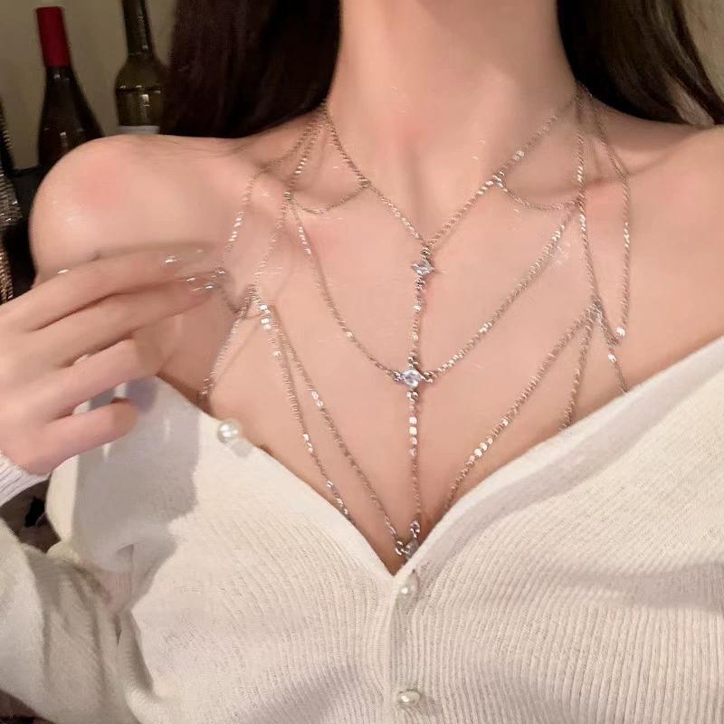 Sexy   Round Beads Waist Chain Beach Bra Bikini Chest Chain Zircon Tassel Women Body Chain Jewelry Accessories