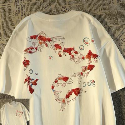Retro Chinese Style Koi Pure Cotton Printed Short-sleeved T-shirt for Men and Women Loose 2025 Summer New Top T