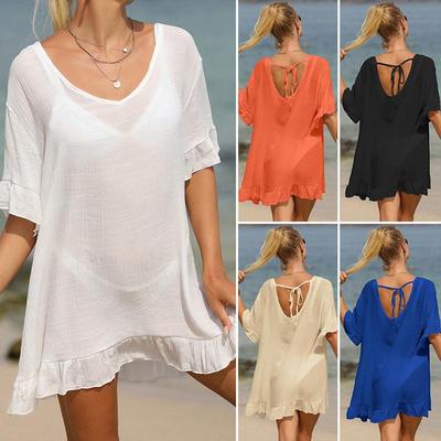 European & American Vacation Style Ruffle V-Neck Sun Protection Beach Cover-Up Shirt