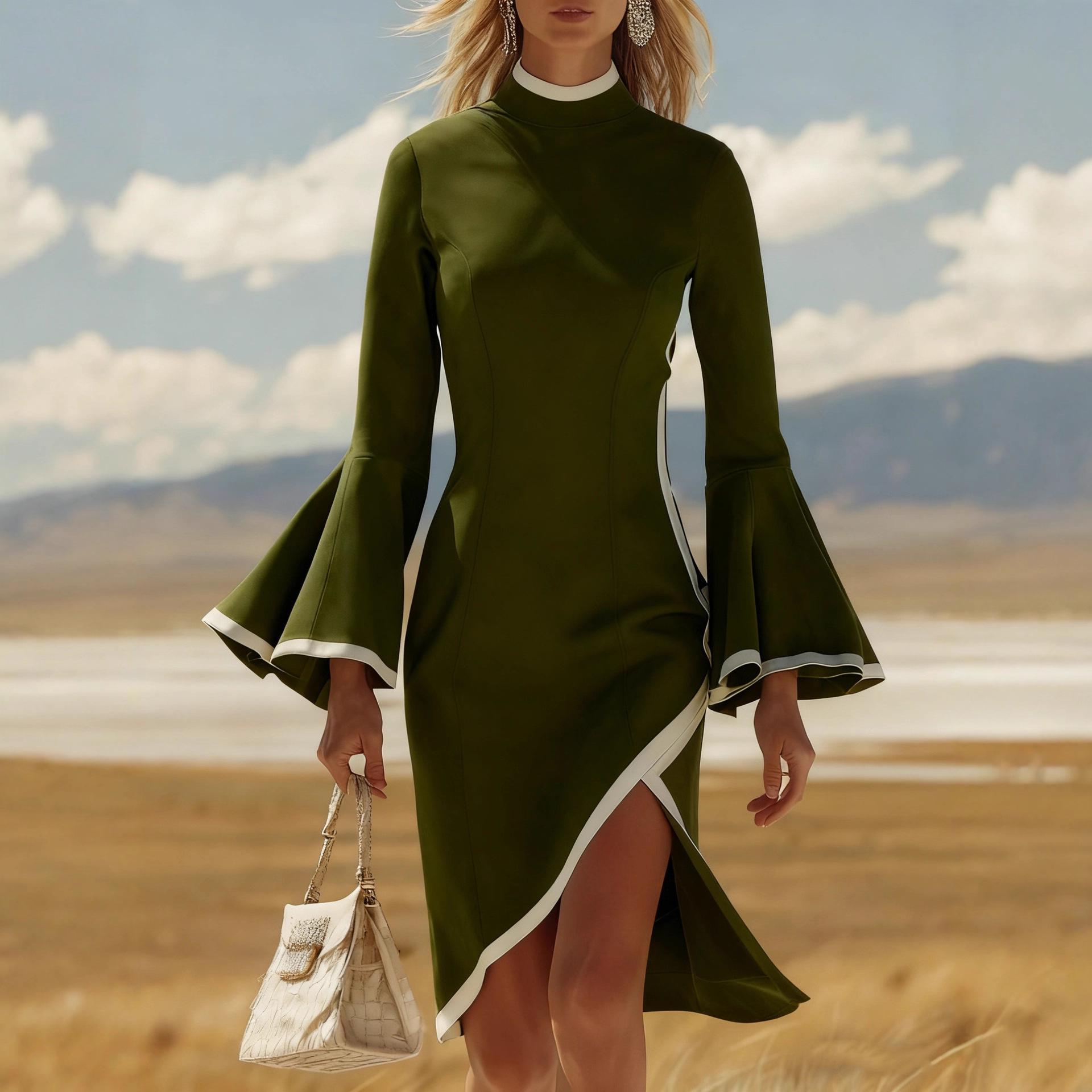 2025 Autumn/Winter Retro White Trim Faux Suede Midi Flared Skirt Large оливковое зеленый