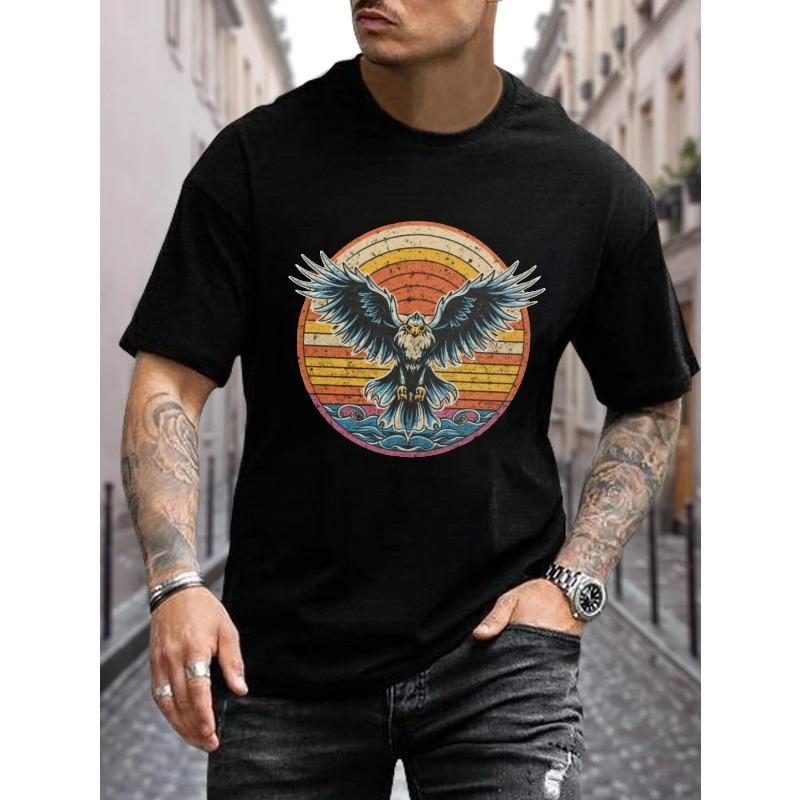 Retro Sunset Eagle Graphic Men's Casual Tee, Daily Summer Short Sleeve Athleisure T-Shirt Big & Tall Clothing