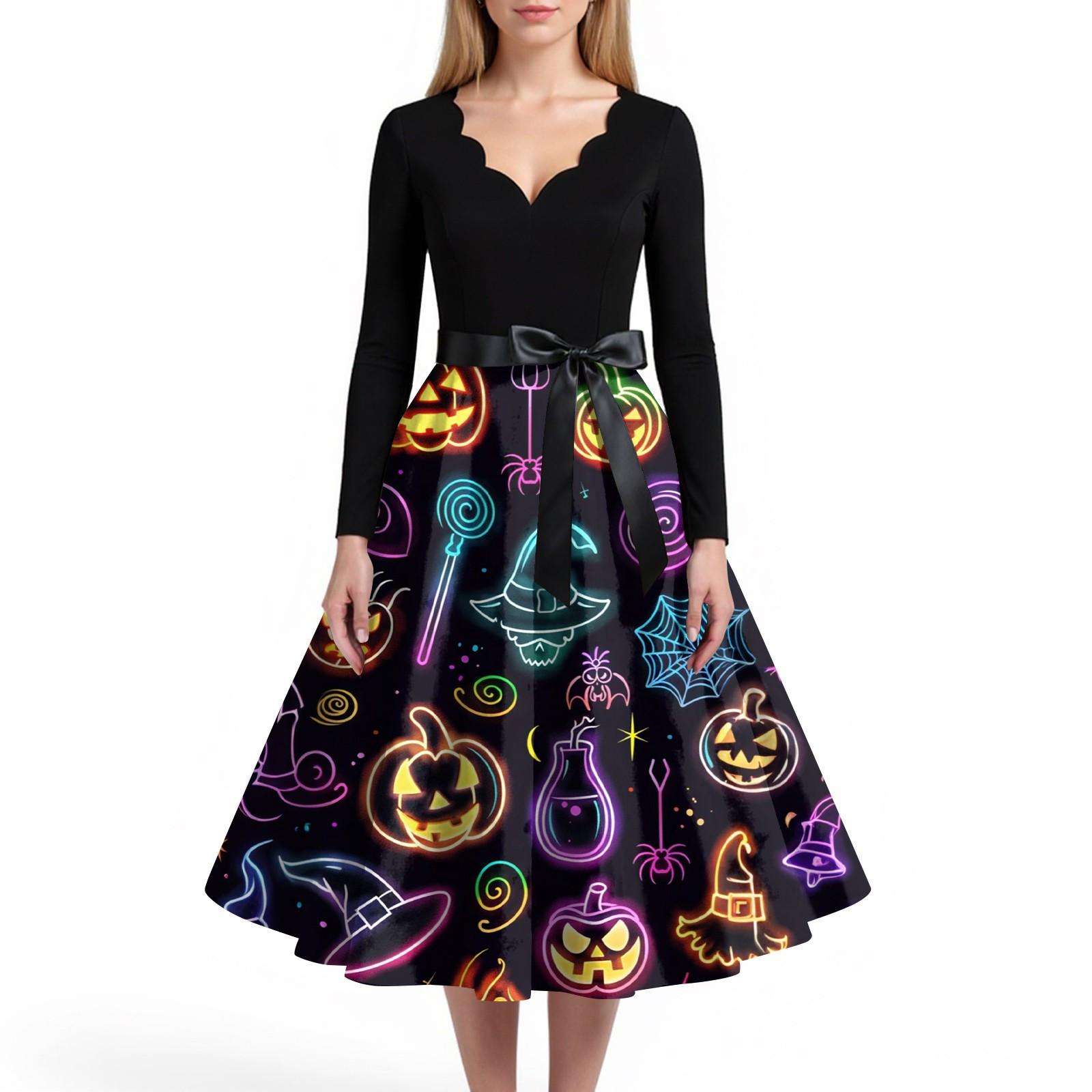 

Женское повседневное и модное платье с V-образным вырезом и длинными рукавами с принтом на Хэллоуин XL циан