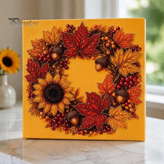 Funkelnde Herbstornamente Kürbis Kunst-Kit mit Kunstperlen, Herbstkranz Malerei Ernte Handgemachtes Bastelgeschenk 3D Perlen-Kit für Erwachsene Anfänger, Zuhause