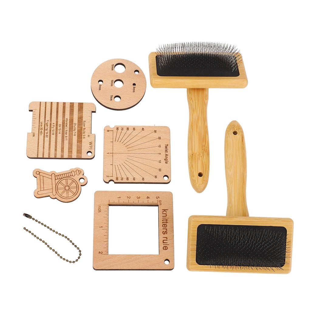 8PCS Set Wooden Knitting Gauge Wool Brush Set Wool Felting Brush and Knitting Measure Tool Kit