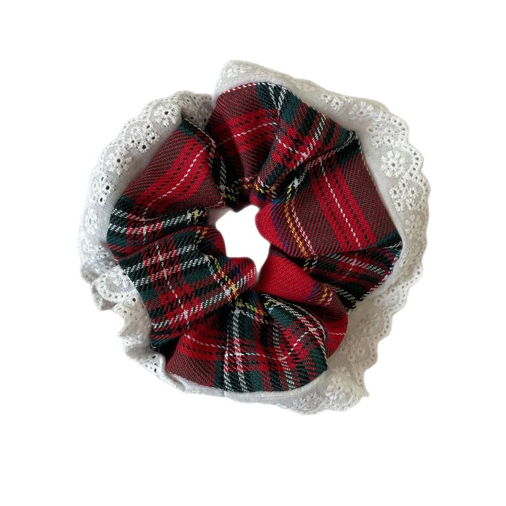 Plaid Christmas Scarf Scrunchie with Lace Edging - Red Women's Hair Tie Accessories
