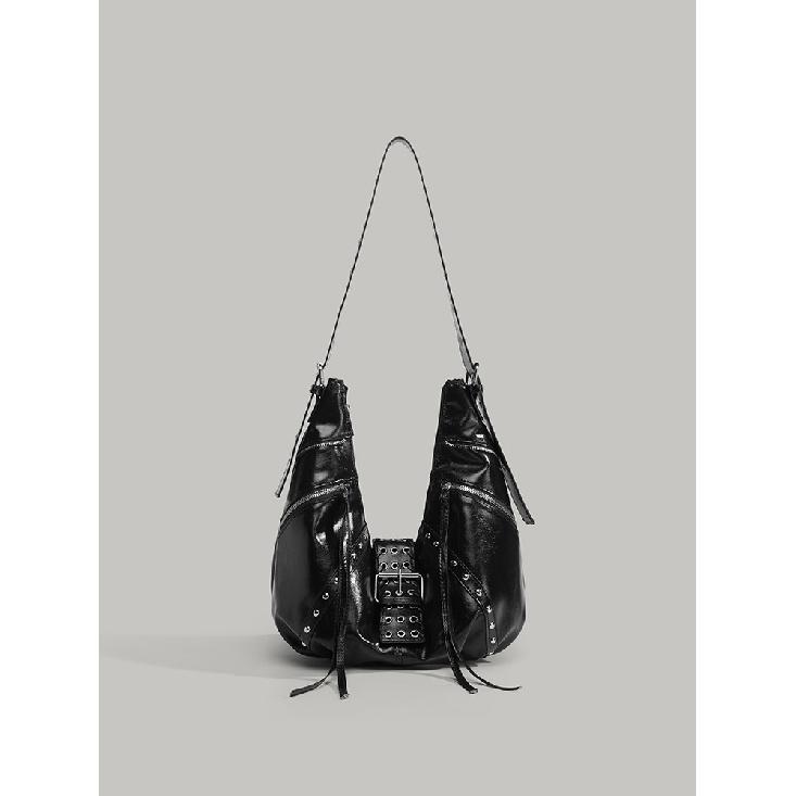 2025 New Niche Design Fashionable Punk Motorcycle Bag, Black Large Capacity Rivet Commuter Shoulder Crossbody Bag, Trendy чёрный