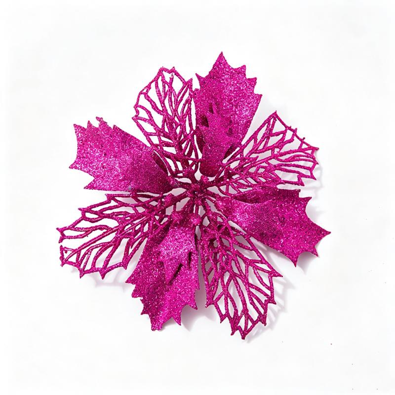 Artificial Glitter Poinsettia 6Pcs Hollow Out Xmas Decor for Christmas Tree Garland Front Door Winter Decor