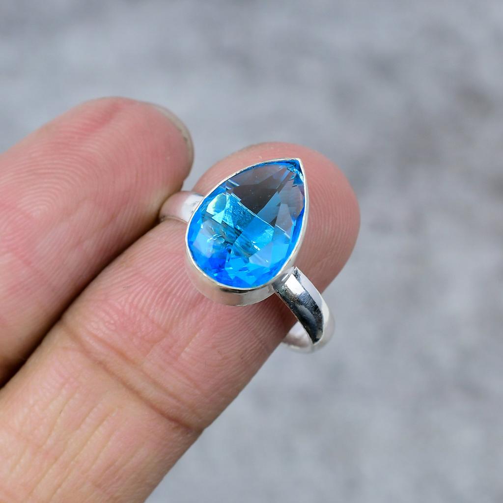Blue Topaz Gemstone Handmade 925 Sterling Silver Jewelry Ring Size 7 M-269