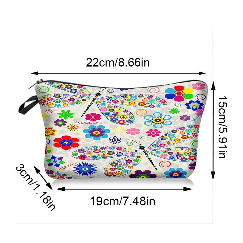 1pc Beautiful Dragonfly Flower Print Makeup Bags, Women Portable Travel Cosmetic Storage Bags with Zipper