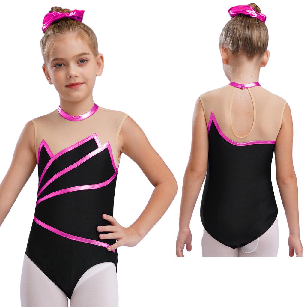 Girls Gymnastics Leotard: Metallic Striped Sheer Mesh Patchwork Keyhole Back Sleeveless Bodysuit for Dance Performance