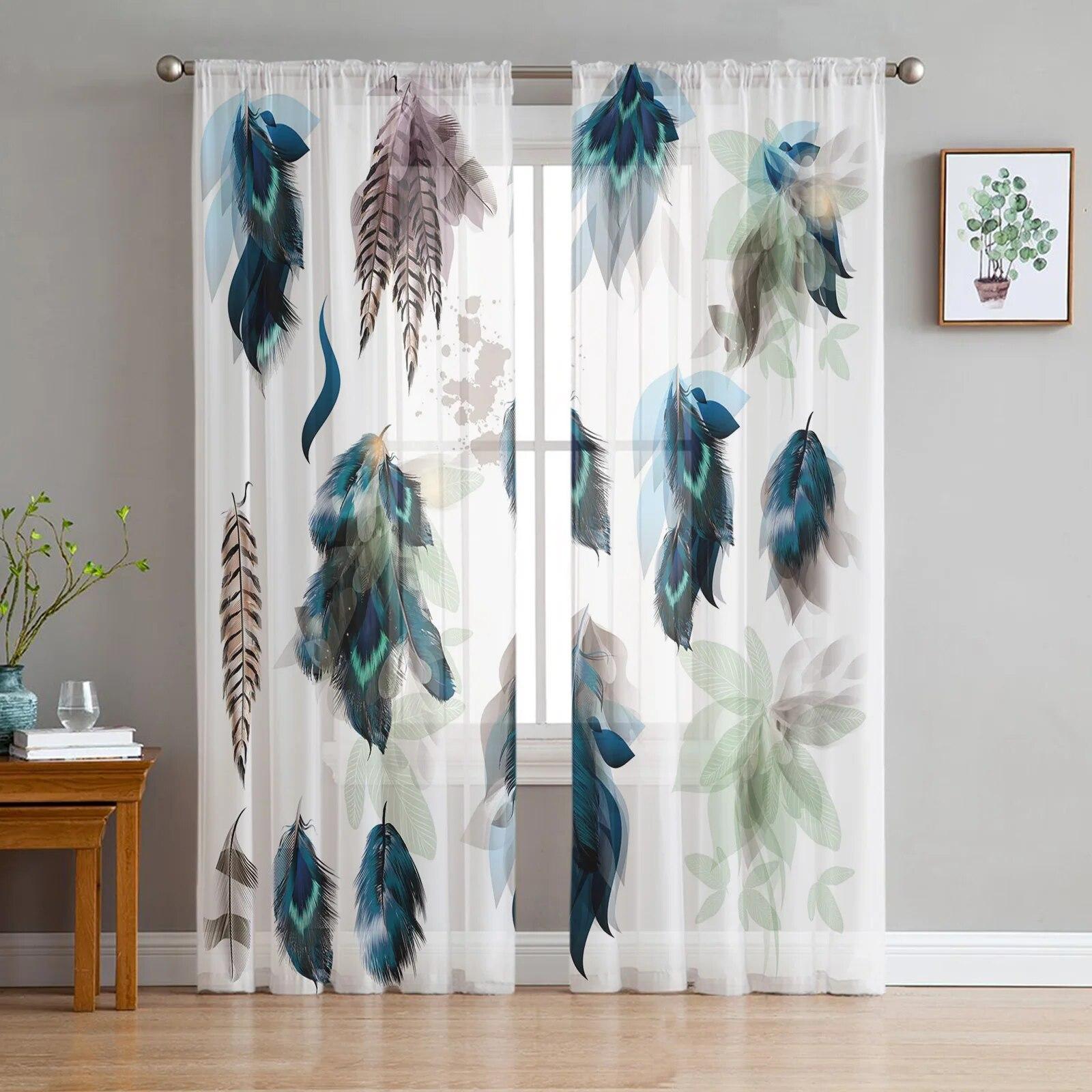 Черно-белые перья индийские простые тюлевые шторы для гостиной спальни прозрачные вуали современные прозрачные шторы с принтом W50H130(CM)x2&Hook