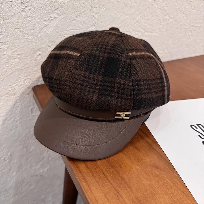 Winter Trendy Fall Plush Octagonal Beret With Grid Design For Womens Fashion