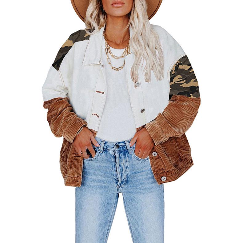Autumn and Winter Women's Camouflage Printed Colour Block Jacket Loose Lapel Single Breasted Cardigan Jacket