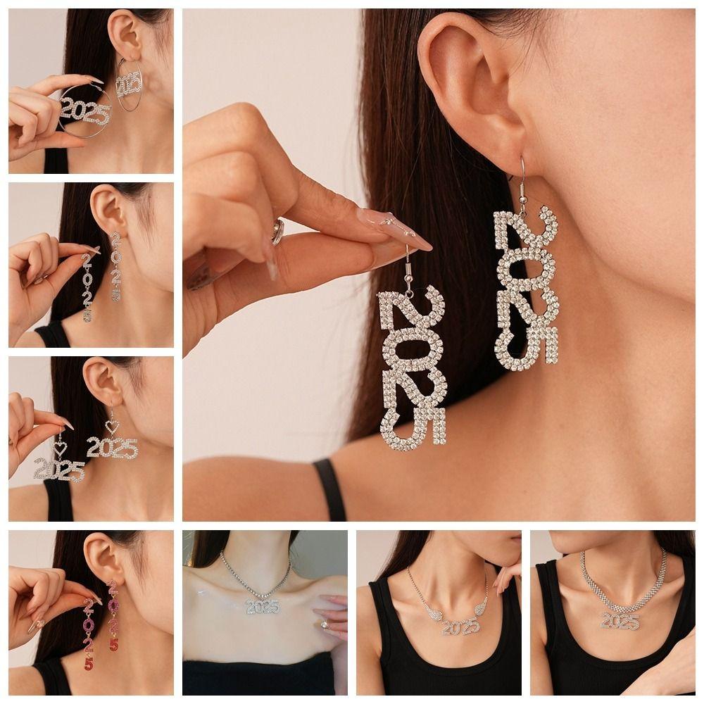 Rhinestone 2025 New Year Ear Stud Aesthetic Crystal Party Necklace Happy New Year Earrings  Banquet