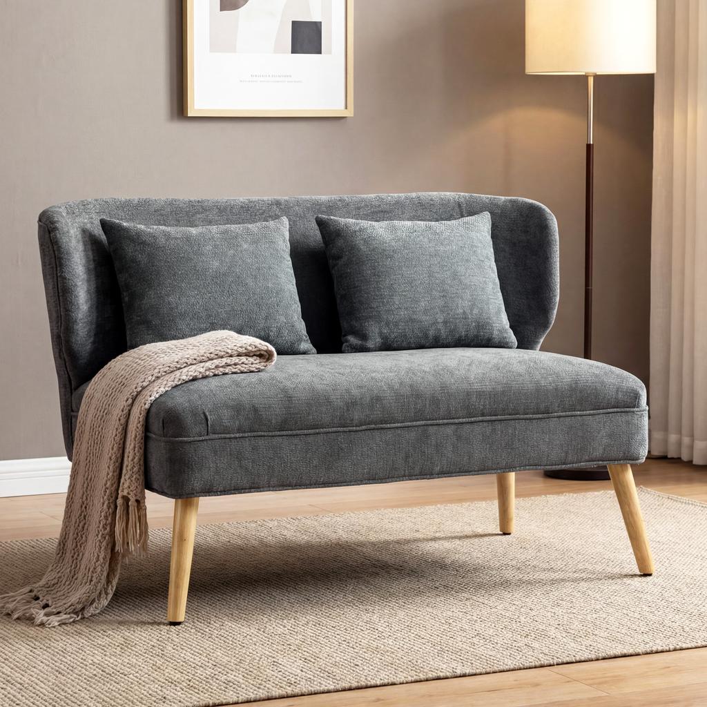 2-Seater Sofa, Small Chenille Sofa with Wingback, Thick Seat, Rubberwood Legs, Grey