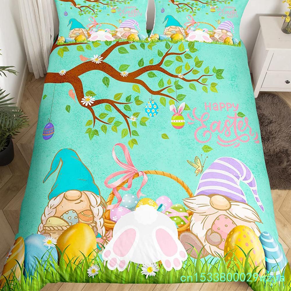 Purple Lavender Dwarf Duvet Cover King Queen Kawaii Cartoon Gnome Bedding Set Spring Flowers Comforter Cover Floral Quilt Cover