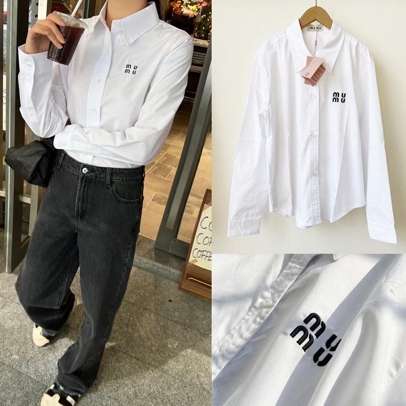 Women s White Classic Lapel Long Sleeve Shirt with M.M Logo Embroidery S In Stock