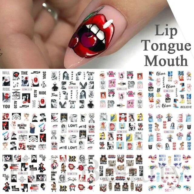 

12 дизайнов, сексуальные губы, наклейки для ногтей, наклейки для рта, вишневый поцелуй, наклейки для рта, поп-слайдеры, украшения для ногтей на Хэллоуин, CHBN2173-2184 белый