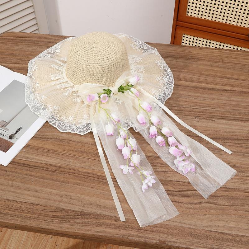 Summer Bow Sun Hat Female, Seaside Beach Vacation Sun Hat Outdoor Big Brim Sun Hat Sweet Straw Hat