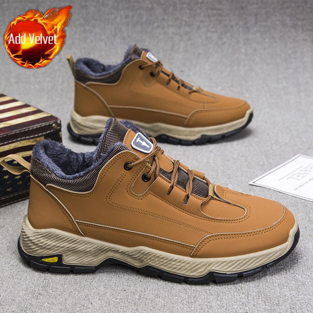 Winter New Men's Thickened Fleece Lined Leather Waterproof Snow Casual Sports Shoes Versatile Lace Up Anti Slip Cotton