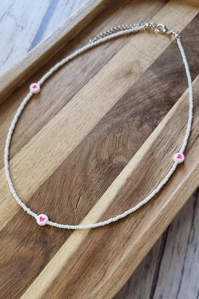 Handmade Beaded Choker Necklace with Heart Charms for Women