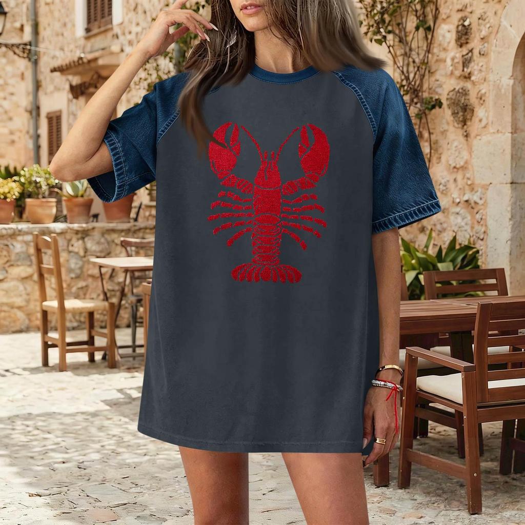 Women's Casual Denim Patchwork Short Sleeve T-Shirt Loose Fit Crew Neck Summer Spring Fashion Top Lobster Print