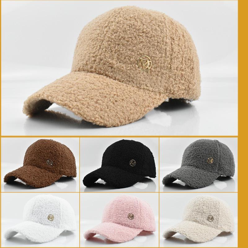 Winter Solid Color M Logo Baseball Cap - Women's Lamb Wool Peaked Hat, Outdoor Warm Casual Fashion Fluffy Visor