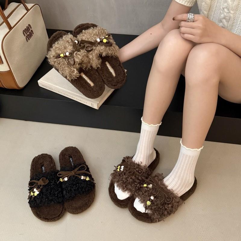 Lazy casual bow beaded thick-soled fluffy slippers women's autumn and winter new home curly fluffy slippers