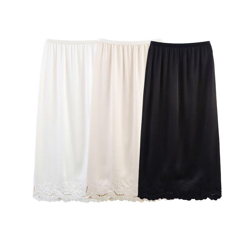 Kaslead New Women Clothes Western Style Carved Hole Embroidery Flower Acetate Satin Split Elastic Waist Skirt