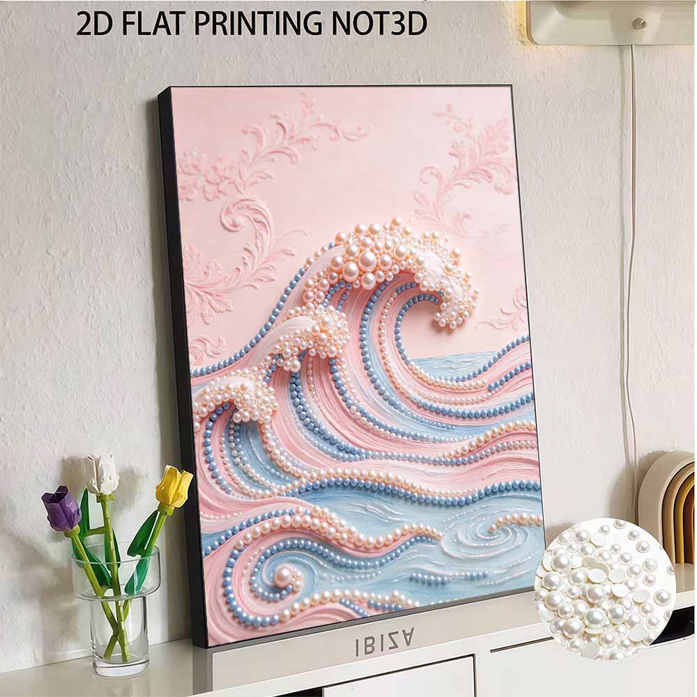 Frameless Pearl Painting DIY Kit Ocean Wave Pastel Pink Blue Sea 3D Sparkling Bead Canvas Relaxing Creative Craft for Art Lovers