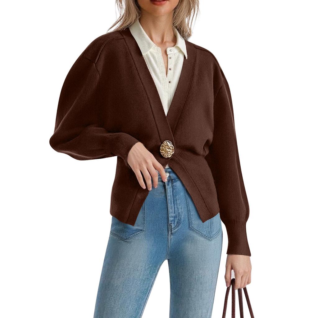 Women's Fashion Solid Color V-Neck Button-Up Knitted Cardigan Sweater